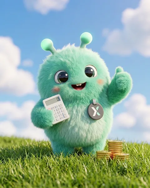 Xy, the XY Task mascot, holding a calculator and giving a thumbs-up