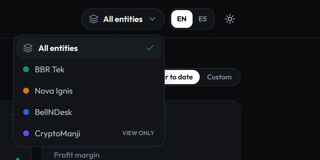 The company switcher in Bookkeeping, with one company view-only